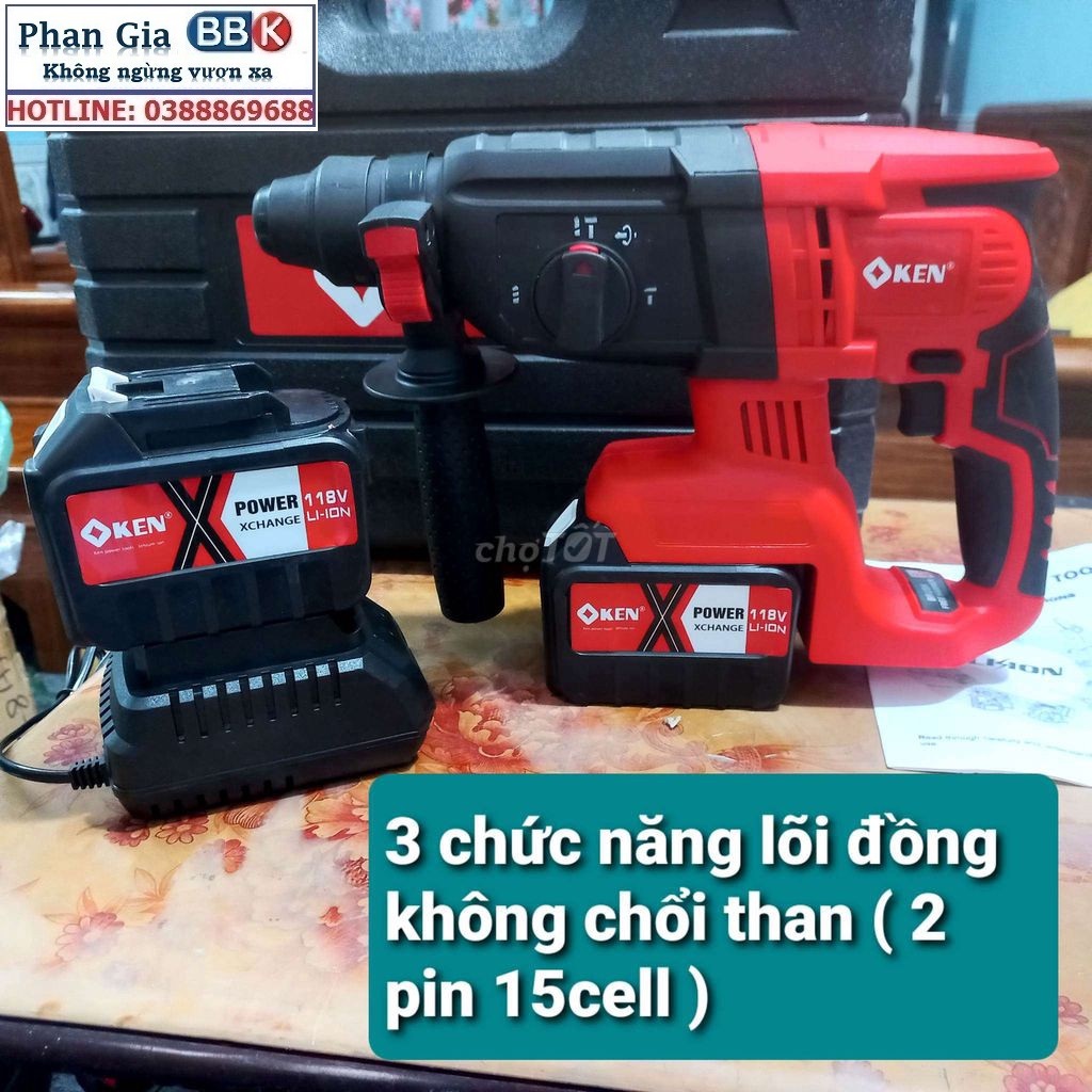 Máy Khoan Bê Tông KEN 188V - PIN 15 CELL 3 Chức năng - Động Cơ Từ Không Chổi Than - Máy Khoan Có Búa 100% Dây Đồng - Bảo Hành 12 Tháng