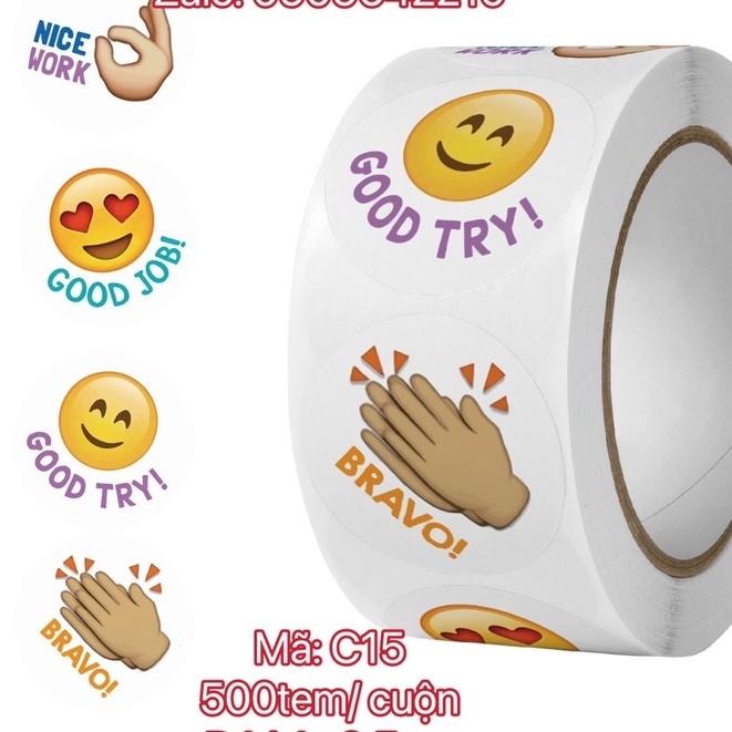 STICKER-Tem giấy Icon cười cổ vũ -cute -500tem/cuộn. NHIỀU MẪU