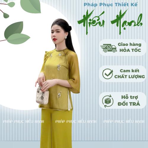 Set bộ nữ đi chùa cao cấp chất vải tơ mịn thêu hoa nổi tinh tế, màu xanh cốm phối quần lụa cùng màu