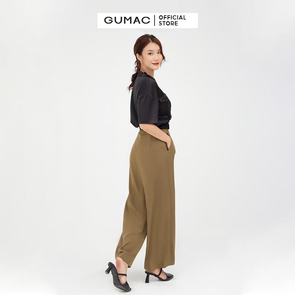 Quần tây nữ ống rộng xếp ly GUMAC màu nâu trơn thanh lịch QB585