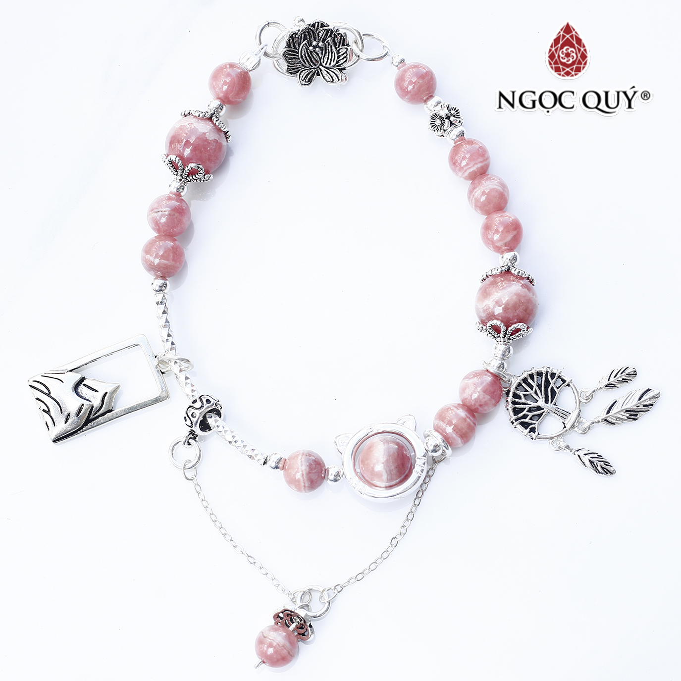 Vòng tay đá đào hoa rhodochrosite 8mm phối charm deamcatcher bạc 925 mệnh hỏa , thổ - Ngọc Quý
