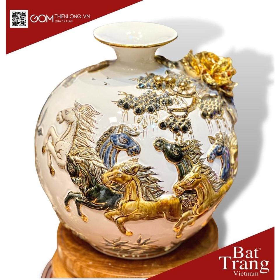 Bình Hút Lộc Mã Đáo Thành Công Màu Trắng - Vẽ Vàng Đắp Nổi Hàng Kỹ - Bình Tài Lộc Bát Tràng -Gốm Thiên Long