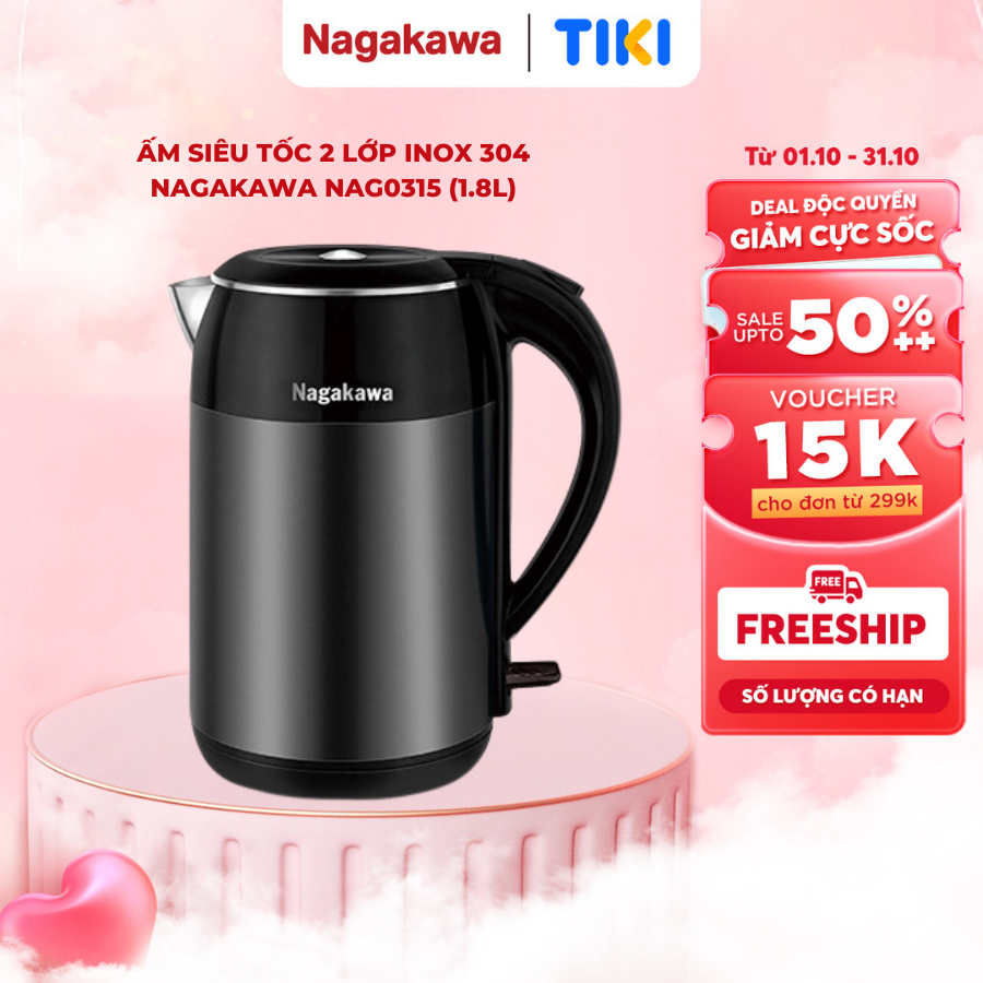 Bình Đun Siêu Tốc 2 Lớp Nagakawa Nag0315 1.8 Lít - Đen - Hàng Chính Hãng