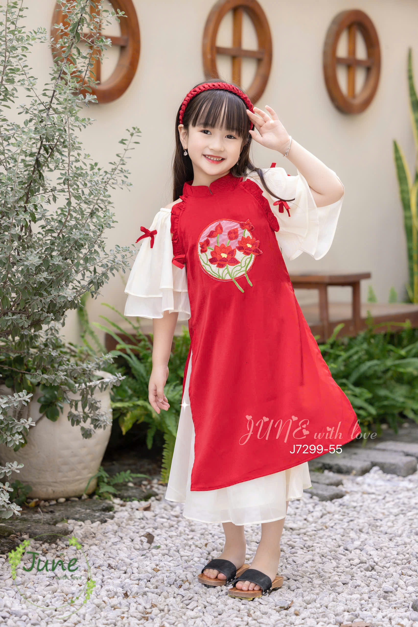 Bộ áo dài tết cho bé gái mẫu hoa sen xinh xắn diện tết năm mới giáng sinh noel từ 12-50kg hàng thiết kế cao cấp