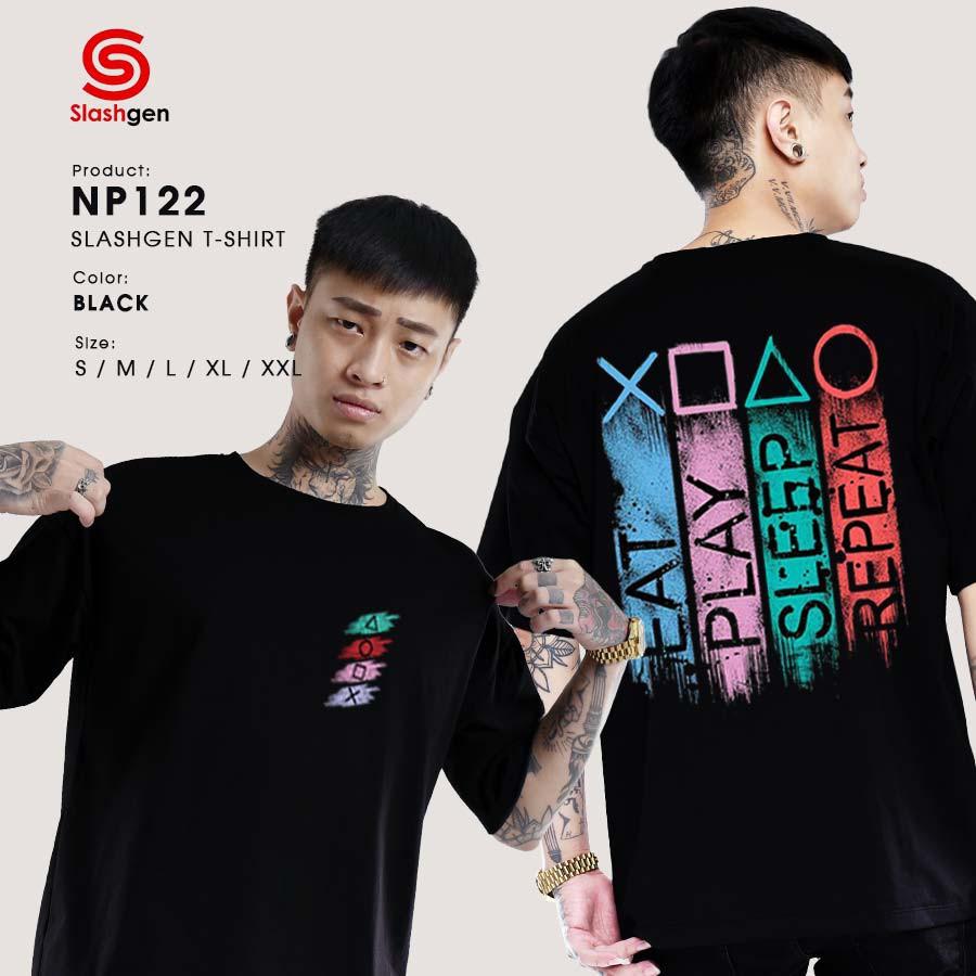 Áo Thun Nam Tay Lỡ NP122 Tam Giác Vuông Tròn Eat Play Repeat Sau Lưng + Ngực Trái CŨ 100% Cotton