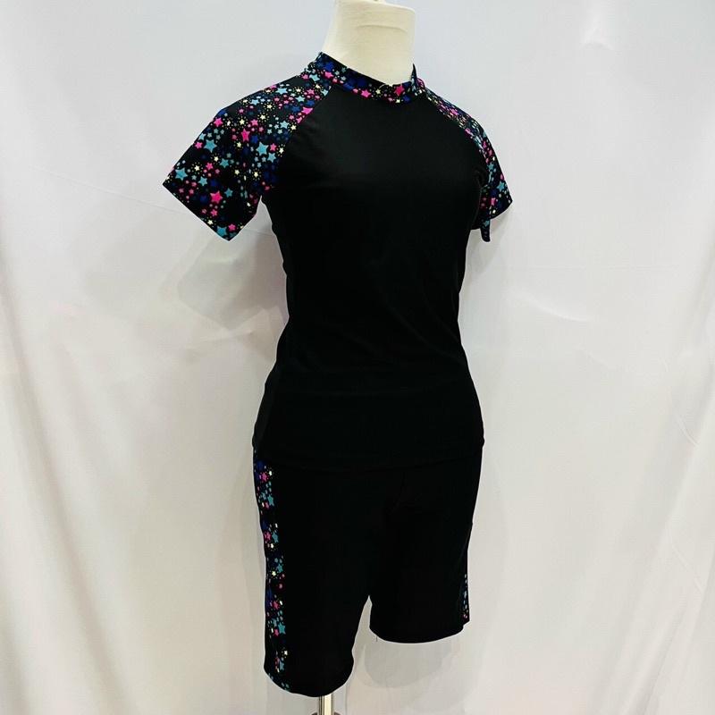BỘ BƠI NỮ KÍN ĐÁO TAY NGẮN QUẦN LỬNG TRƠN PHỐI HOA VĂN SIZE 35-58kg