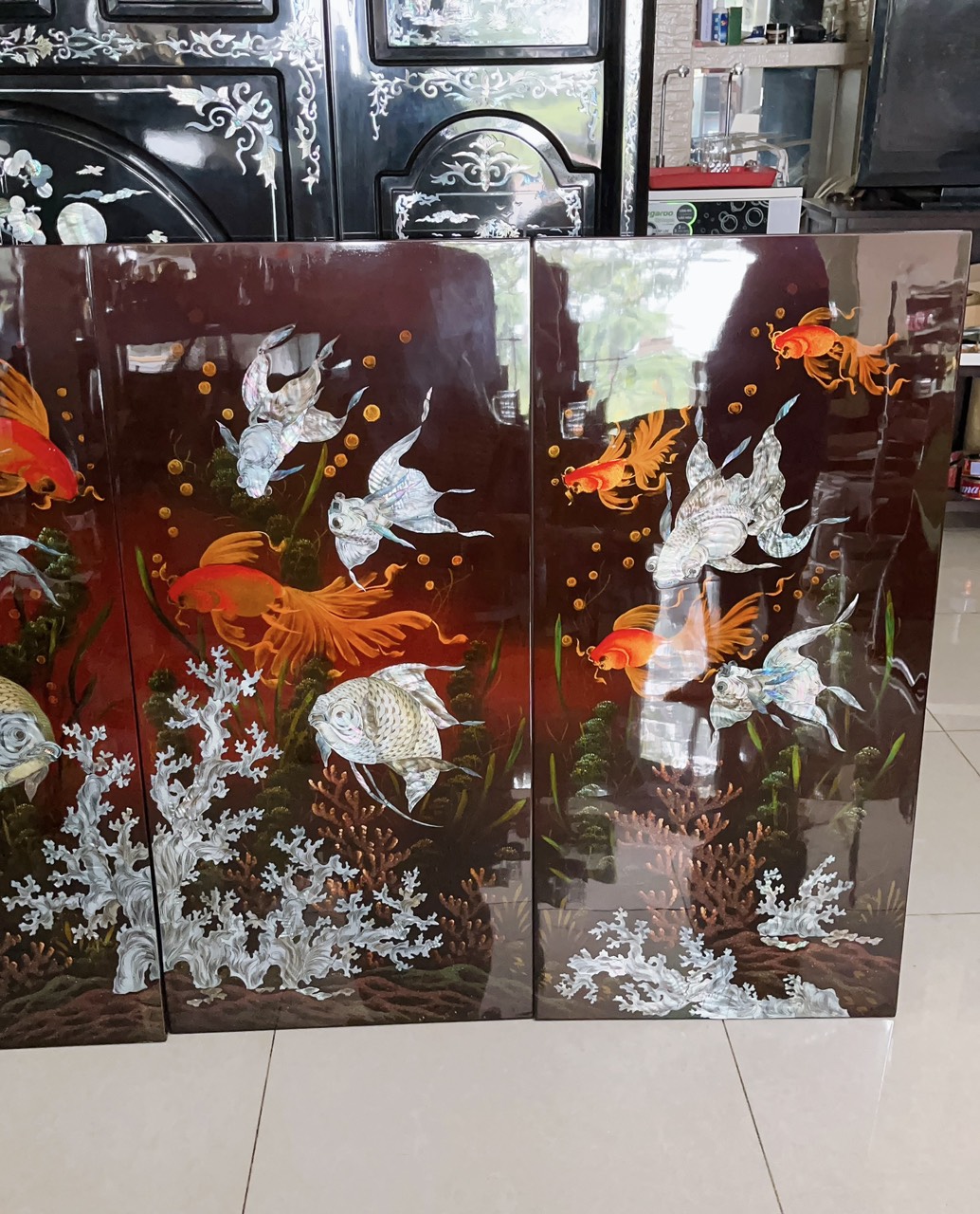 Tranh sơn mài vẽ cá phong thủy Bộ 4 tấm 100x200 cm hàng cao cấp dày dặn xuất khẩu