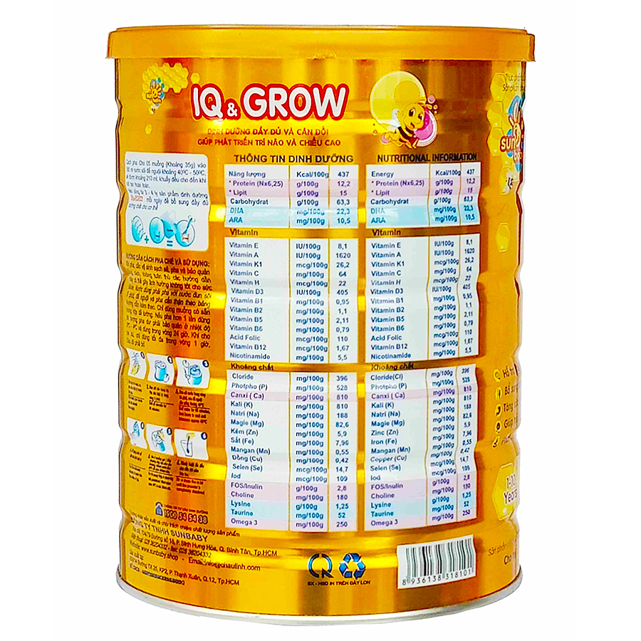 Sữa bột dinh dưỡng IQ GROW phát triển chiều cao, trí não vượt trội cho trẻ (900g) Sunbaby SBTC2020