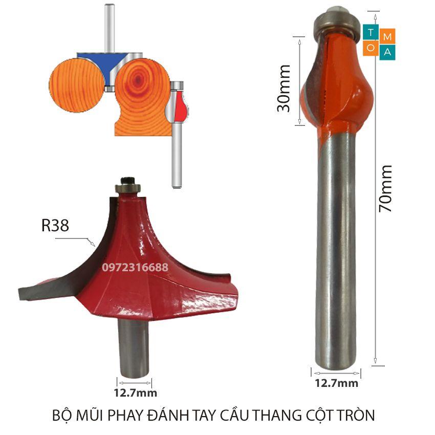 BỘ MŨI SOI GỖ - MŨI PHAY GỖ ĐÁNH TAY CẦU THANG CỘT TRÒN, MŨI LÕM R38 - MŨI ĐÀO BI DÀI 30MM CỐT 12.7MM