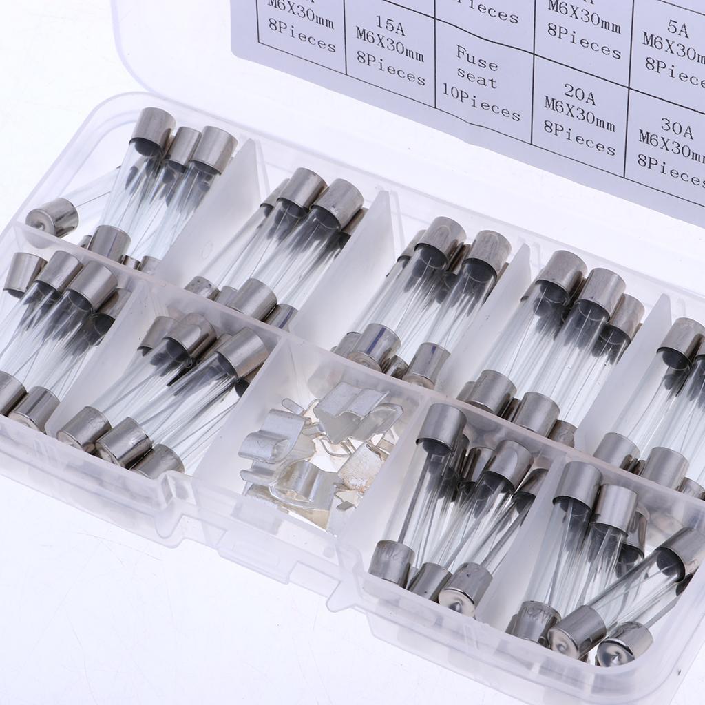 72 Pcs Electronics Quick Blow Glass Tube Fuse Assortment Kit 6*30mm 0.5A~30A