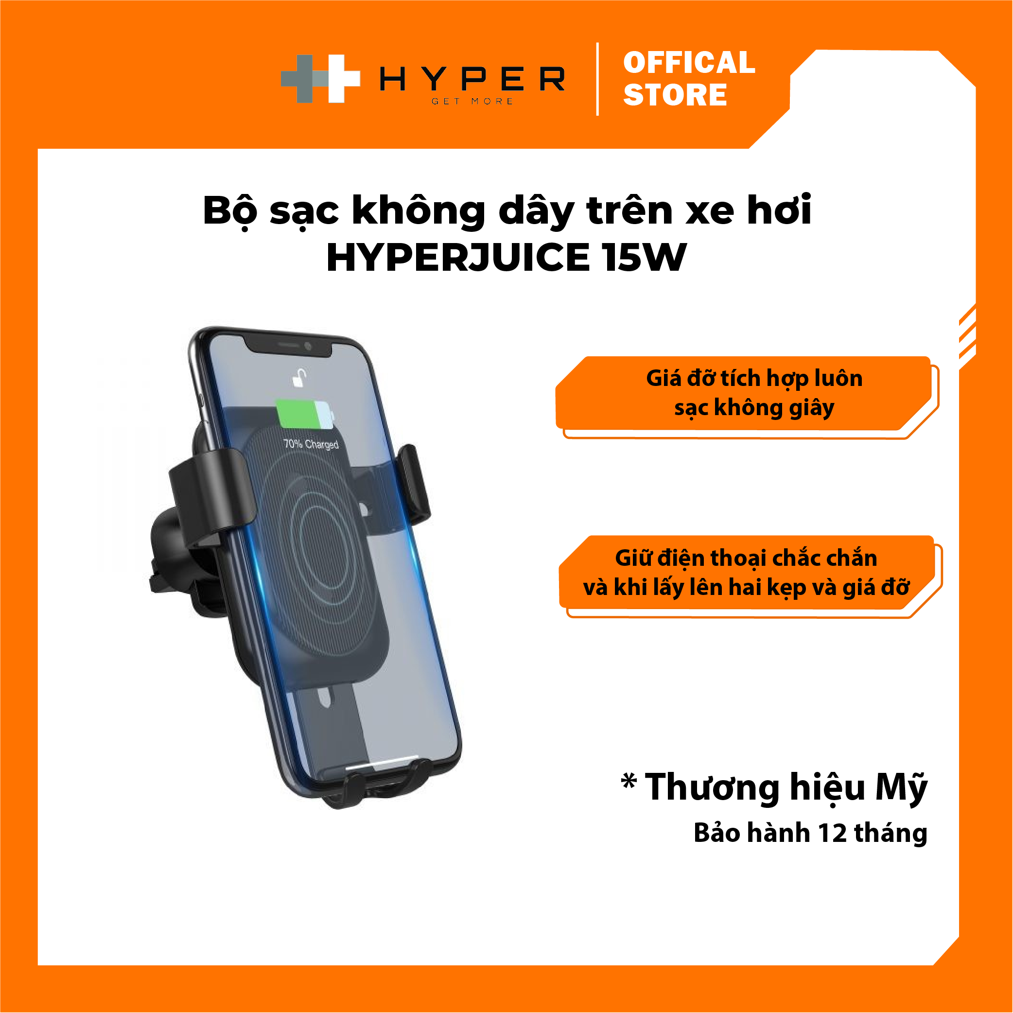 BỘ GIÁ ĐỠ KIÊM SẠC NHANH KHÔNG DÂY XE HƠI HYPERJUICE 15W CAR CHARGER (GỒM CHUI SẠC NHANH QC3.0 VÀ CABLE 15W ĐI KÈM) – HJ-249D - HÀNG CHÍNH HÃNG