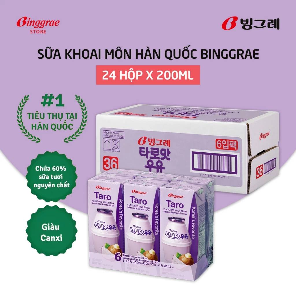 Thùng 24 hộp Sữa khoai môn 200ml nhãn hiệu Binggrae