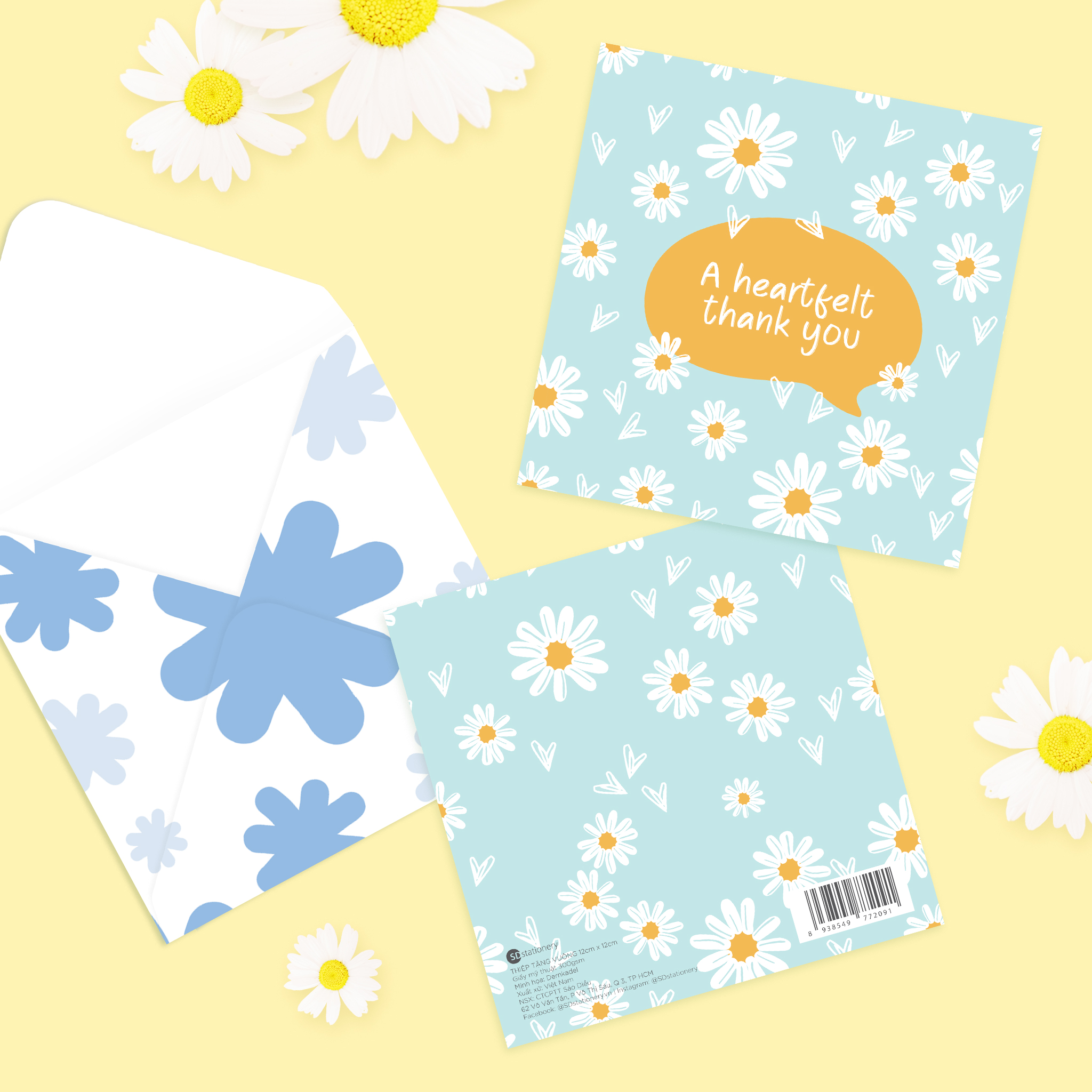 Set 4 thiệp chúc mừng, cảm ơn, động viên chúc may mắn SDstationery DAISY 12x12 họa tiết hoa cúc trang nhã màu sắc nhẹ nhàng