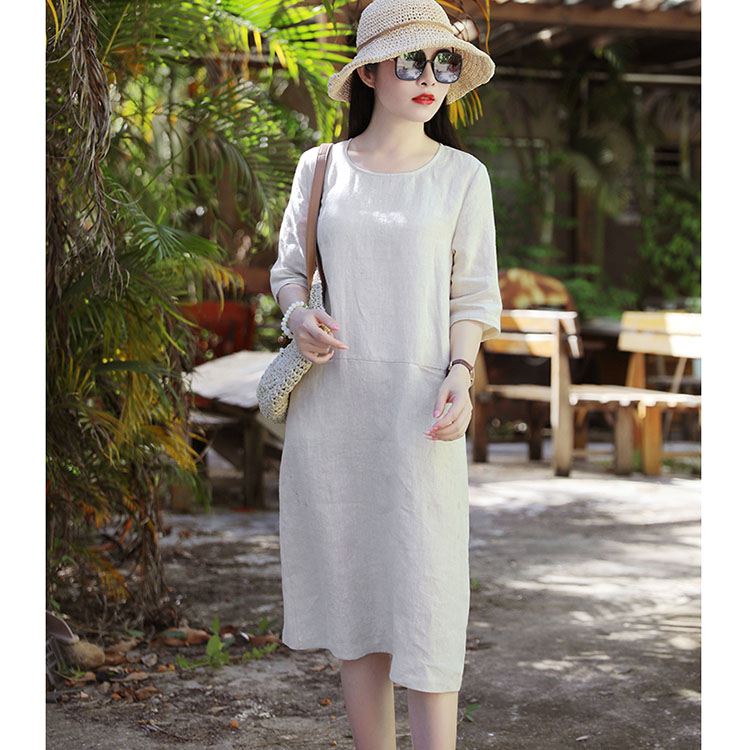Đầm suông linen tay lỡ 2 túi bổ trước ArcticHunter, chất vải linen mềm mát, thời trang xuân hè 2021