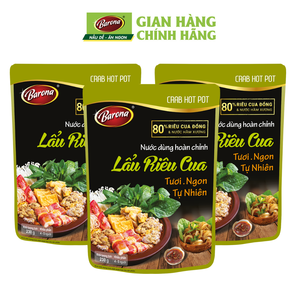 Combo 3 gói Nước dùng Lẩu Riêu Cua Barona 230g tươi ngon chuẩn vị không cần nêm nếm