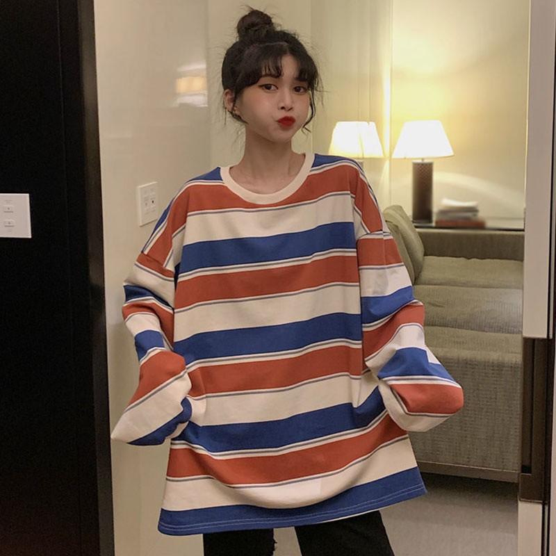 Áo Thun Dài Tay Dáng Rộng Với Họa Tiết Sọc Ngang Xinh Xắn Dành Cho Các Cặp Đôi