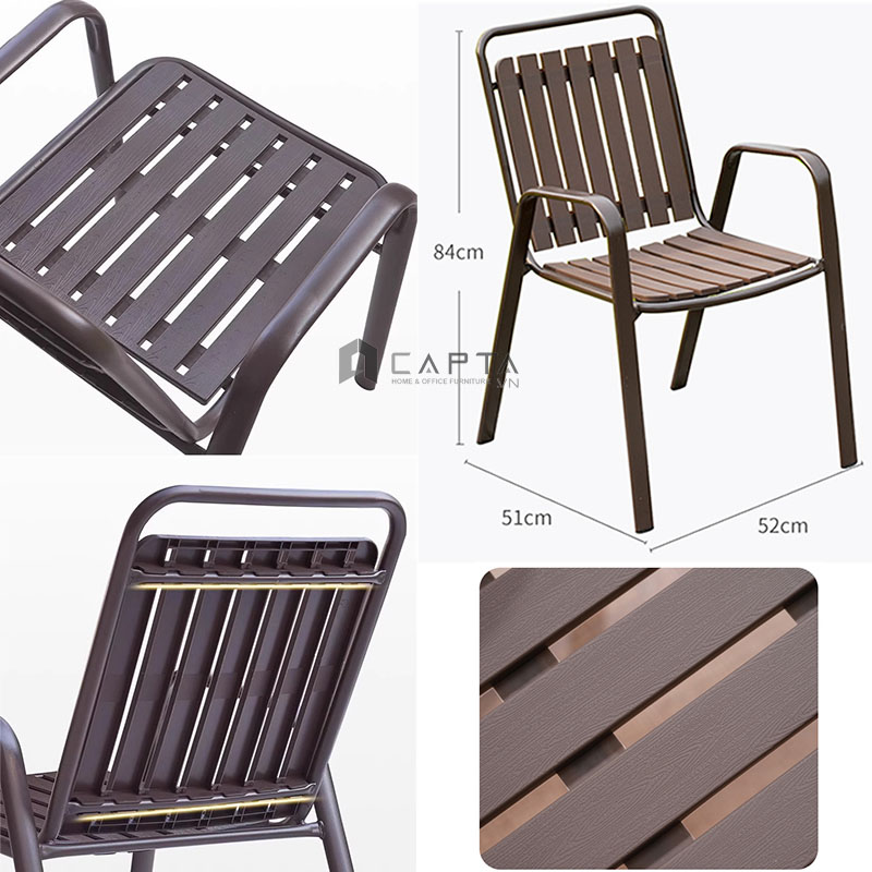 Ghế sắt ngoài trời Nội thất Capta CC2032-T mặt và lưng ghế gỗ nhựa chịu nắng mưa Ghế ăn xếp chồng cho nhà hàng sân vườn, sân thượng – Outdoor Chair