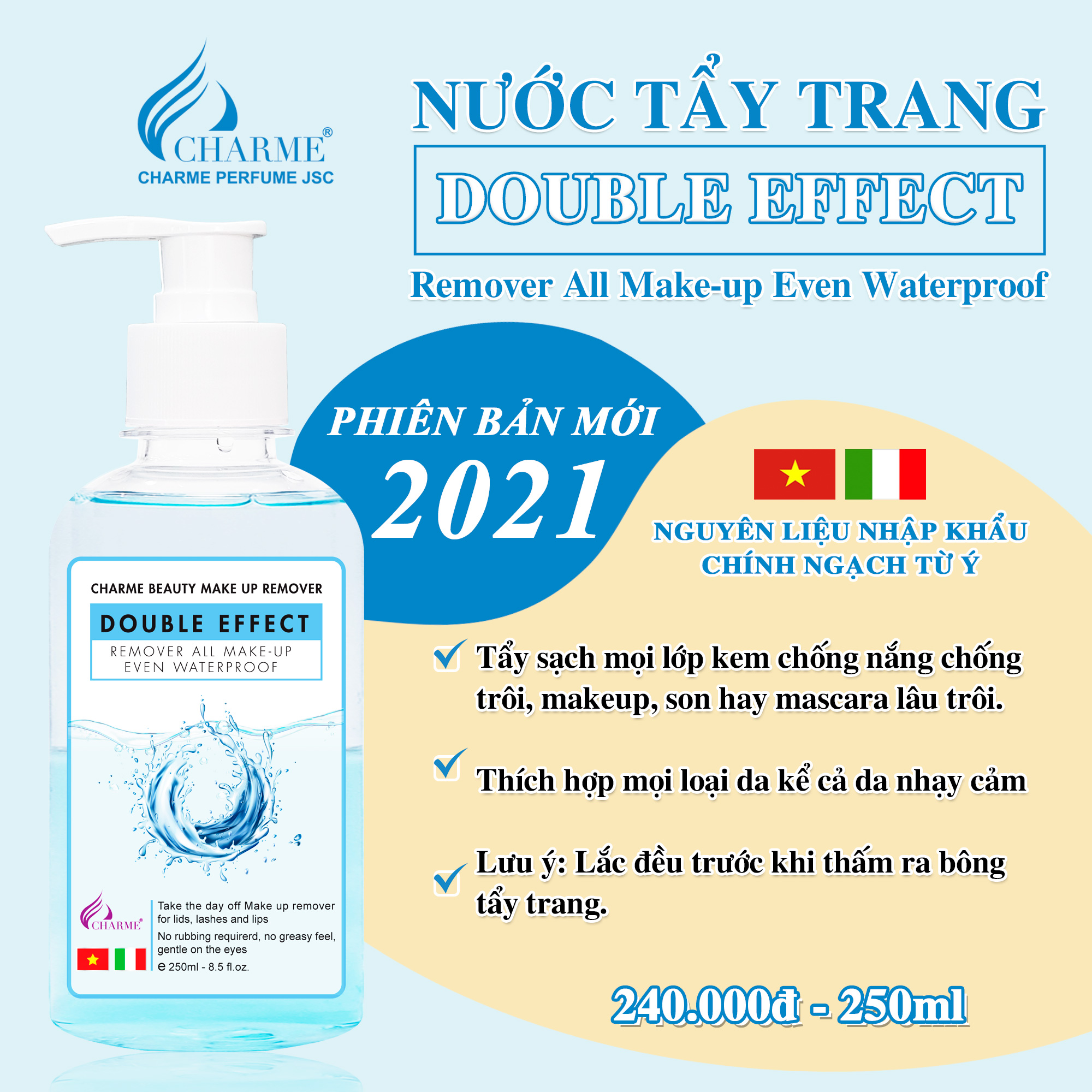 Nước Tẩy Trang CHARME Hoạt Tính Dưỡng Ẩm Chuyên Sâu Làm Sạch Bụi Bẩn Phù Hợp Mọi Loại Da 250ml