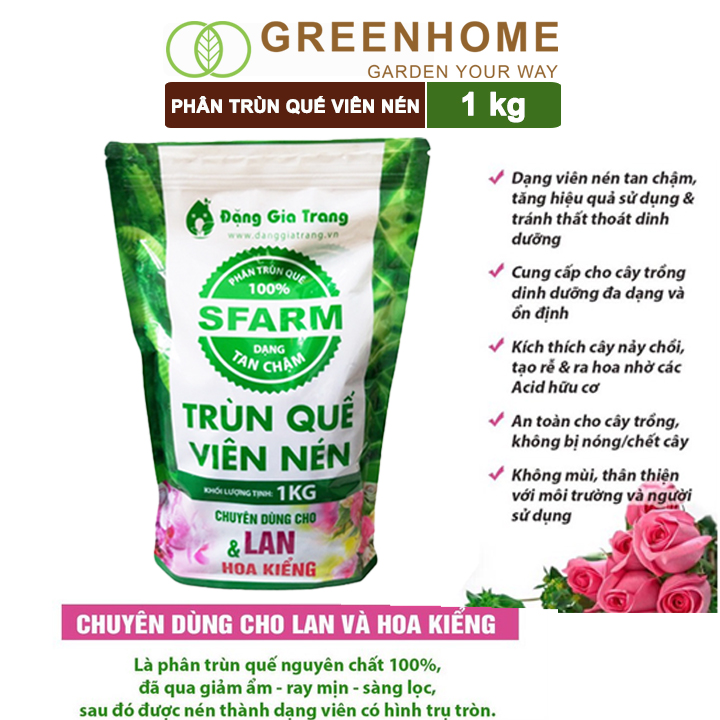 Phân Trùn Quế Viên Nén Greenhome, Sfarm, Bao 1kg, Dinh Dưỡng Hữu Cơ, Không Mùi, Tốt Cho Lan, Bonsai, Rau, Cây Ăn Trái