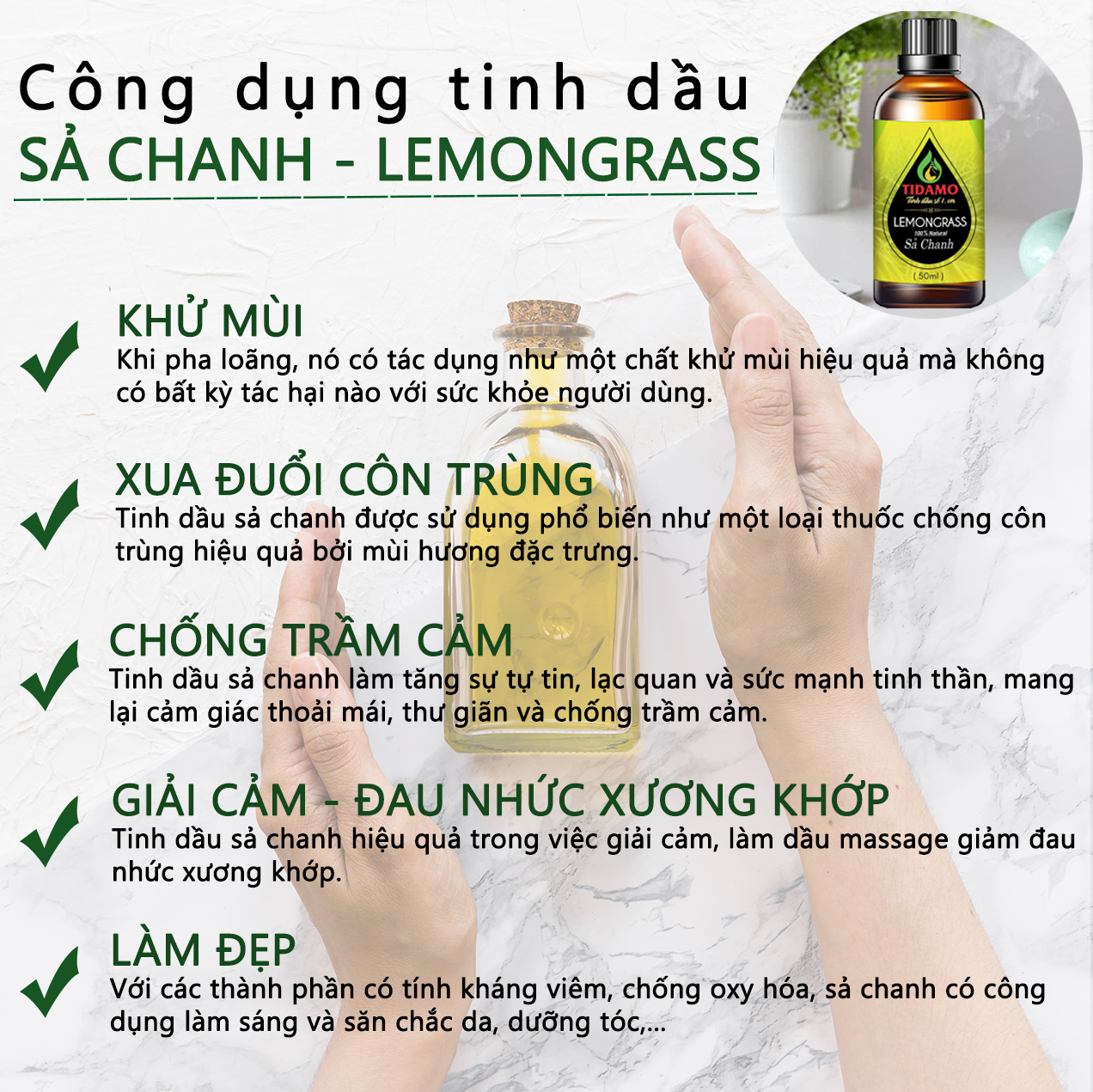 Tinh dầu Sả Chanh Thiên Nhiên Cao Cấp 50ML (Lemongrass) - Tinh dầu Sả Chanh Nguyên Chất TIDAMO Giúp Bảo Vệ Sức Khỏe, Kháng Khuẩn, Đuổi Muỗi Và Thư Giãn Tinh Thần