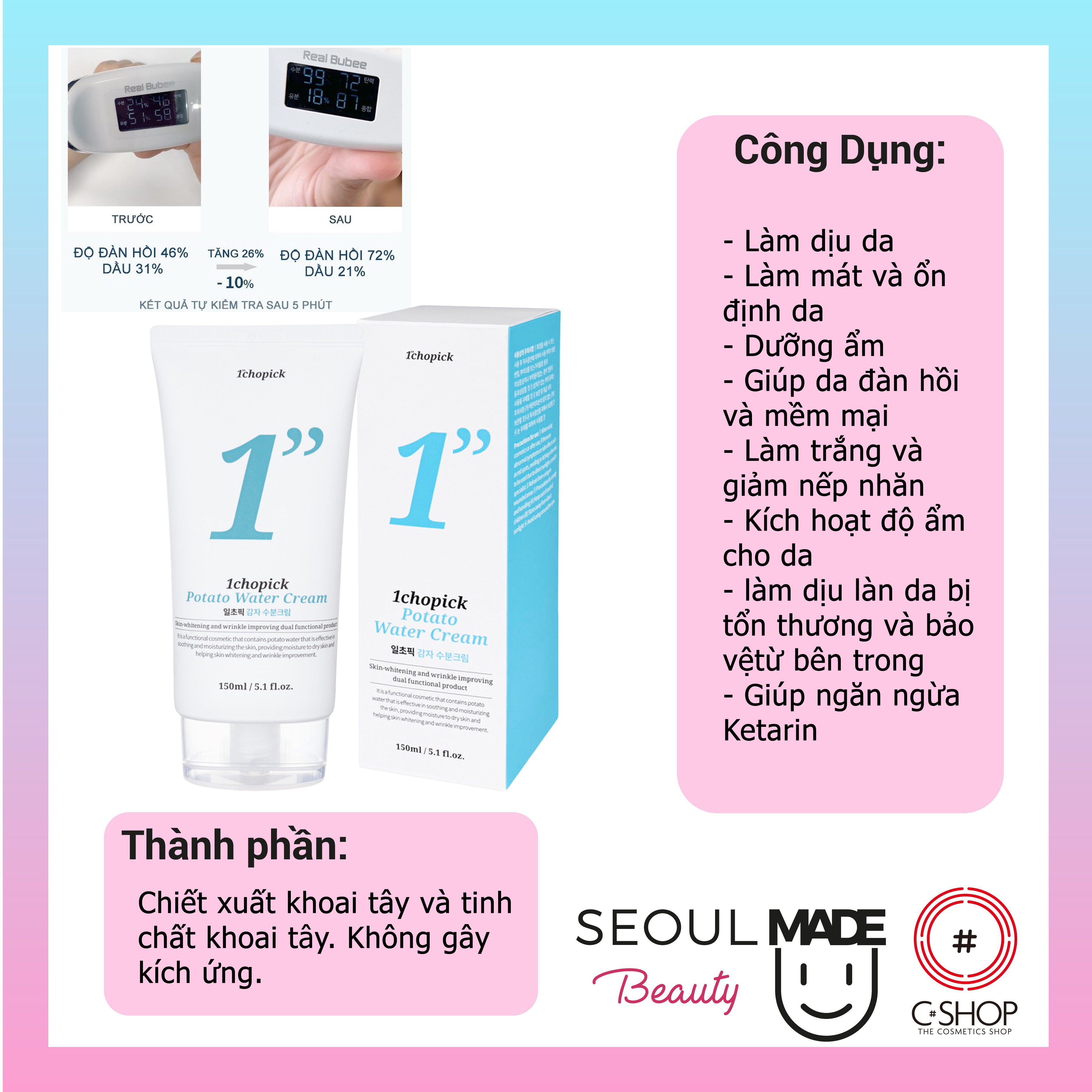 Kem làm dịu dưỡng trắng tăng đàn hồi chiết xuất khoai tây 1Chopick Potato Water Cream