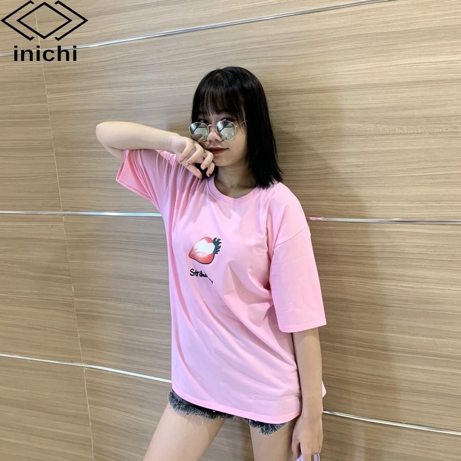 Áo thun INICHI unisex tay lỡ form rộng in hình quả dâu - IC611 màu kem