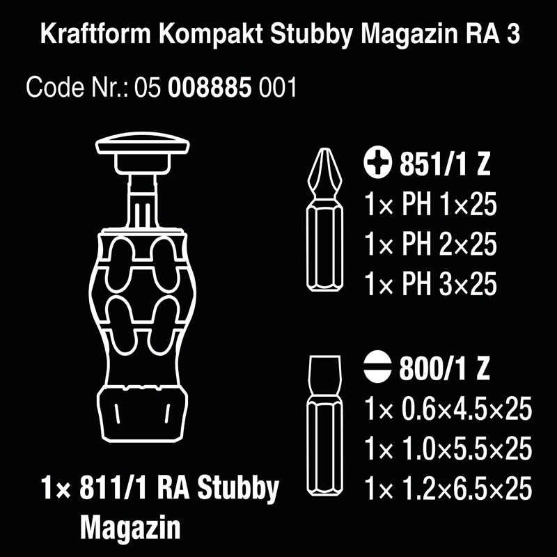 Dụng cụ mở vít cán ngắn tròng cóc tự động Wera 05008885001 Kraftform Kompakt Stubby Magazin RA 3 gồm 6 cái, 3 vít dẹp và 3 vít 4 cạnh