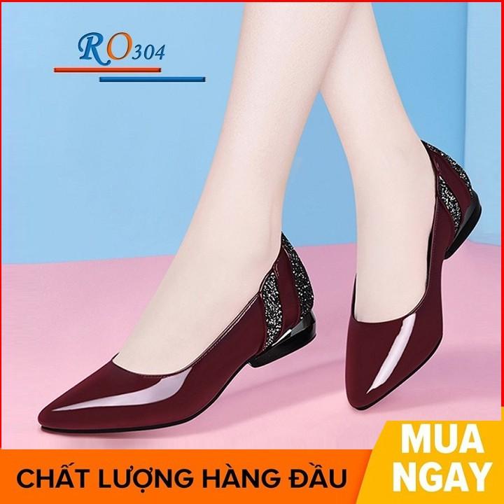 Giày búp bê nữ cao gót 2 phân hai màu đen đỏ hàng hiệu rosata ro304