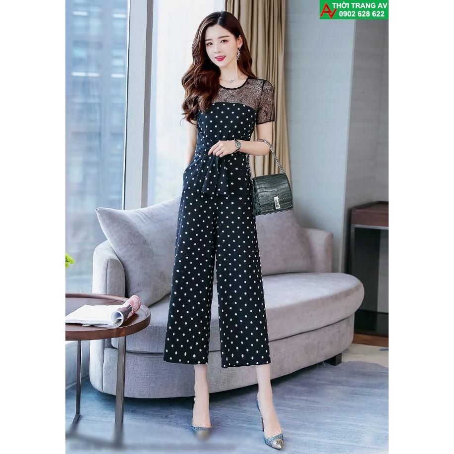 Jumpsuit - Đồ bay lửng ống rộng phối ren thắt nơ eo  - AV5947