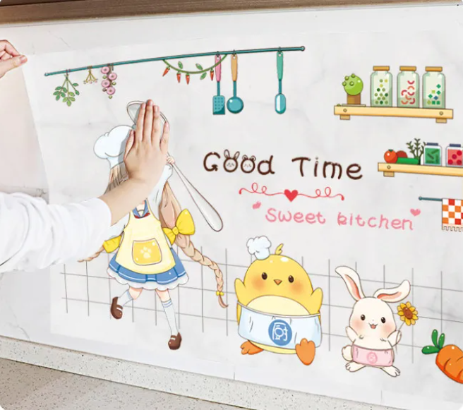 Decal dán bếp họa tiết trong suốt - Bé gái nấu ăn cùng gà và thỏ con