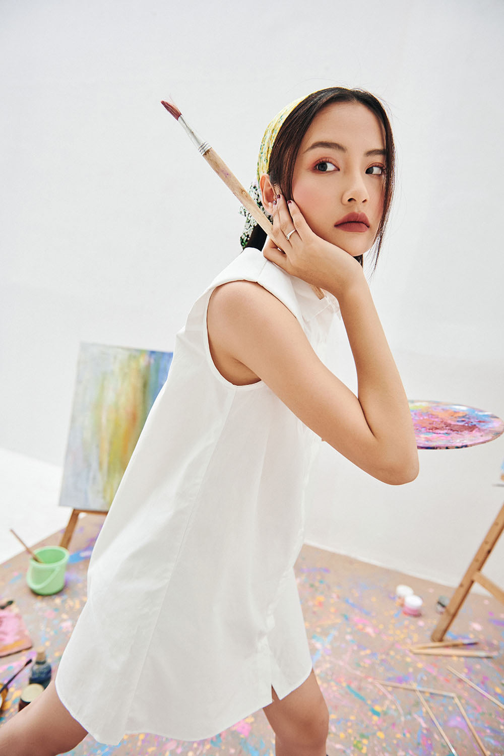 DOTTIE - Đầm sơ mi độn vai nữ DOTTIE trắng - D0058