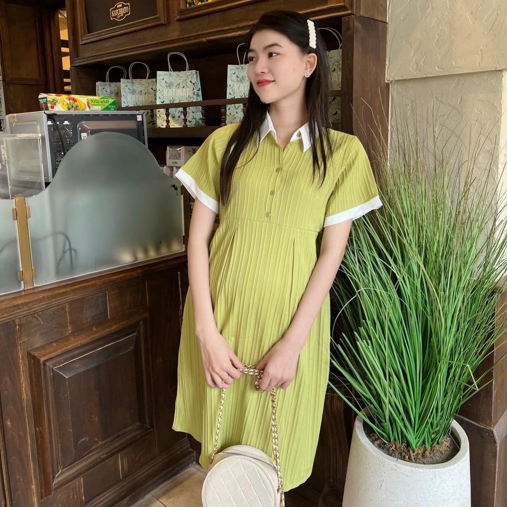 Đầm bầu babydoll đũi gân cổ sơ mi thanh lịch, phối màu bầu diện dễ thương - Đen