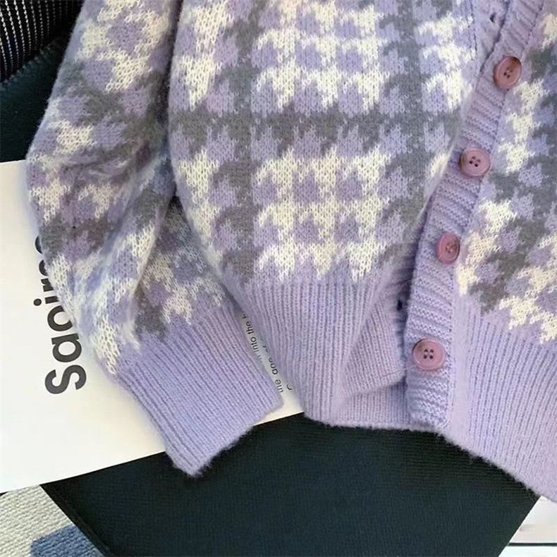 Áo khoác cardigan nữ thiết kế cổ tròn họa tiết xinh xắn vải len dệt kim phong cách Hàn Quốc