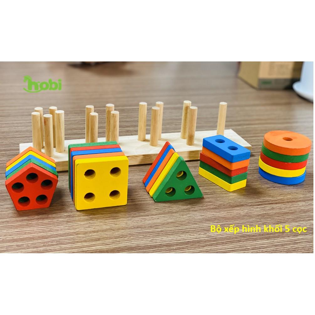 Đồ chơi gỗ montessori 5 cọc hình khối