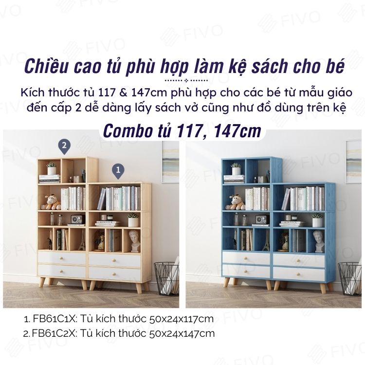 Tủ Đựng Sách Gỗ MDF FIVO FB61 (50 x 24 x 147cm) Phong Cách Hàn Quốc (Có Hộc Kéo)- Hàng Chính Hãng