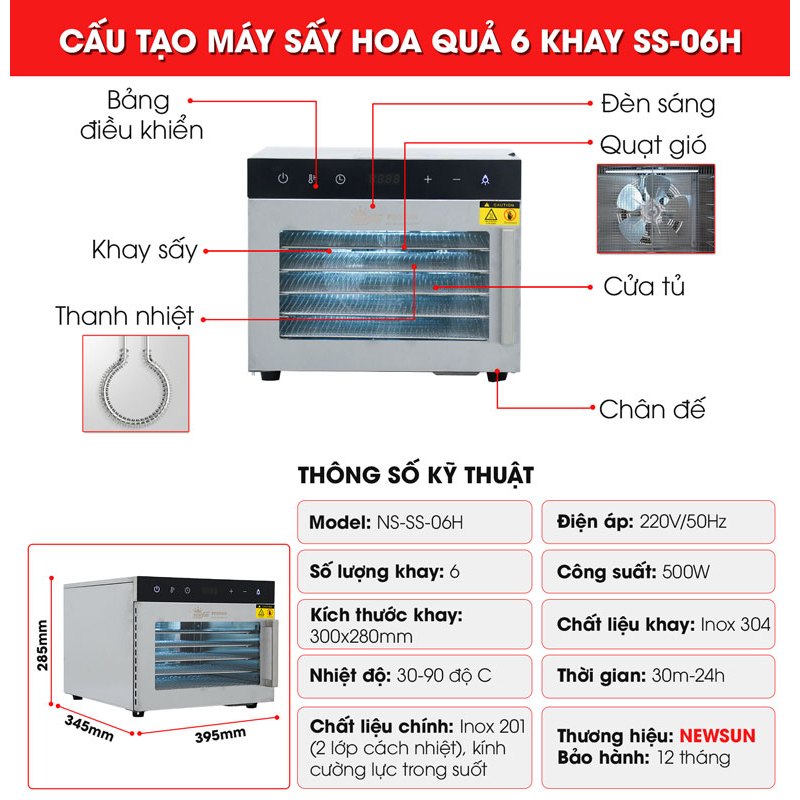 Máy sấy hoa quả 2 lớp 6 khay SS-06H (bảng điện tử mới) NEWSUN - Hàng chính hãng