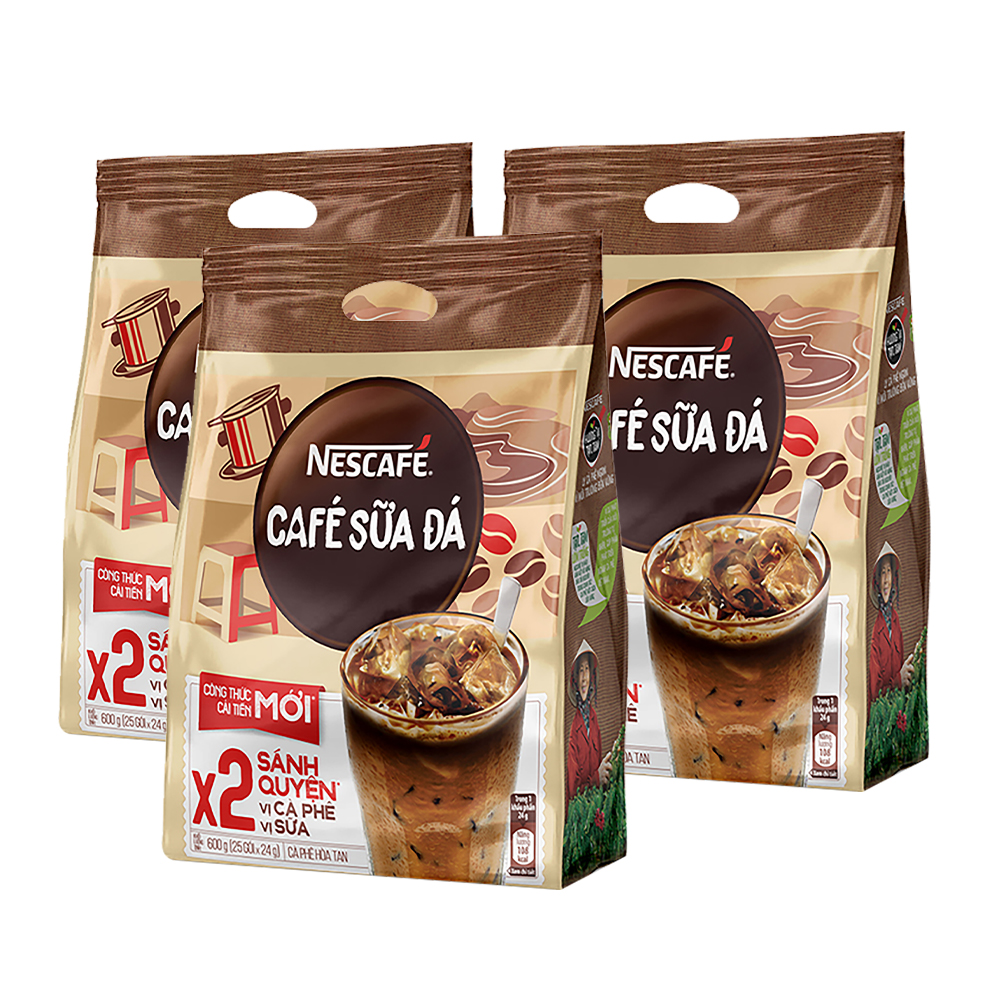 [Tặng Bộ bình ly Lumiarc 750ml &amp; 200ml NESCAFE] Combo 3 Bịch Cà phê sữa NESCAFÉ (Bịch 25 gói x 24 g)