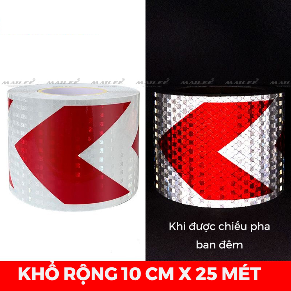 Băng Dính Phản Quang khổ rộng 10 cm x 25 mét, Cảnh Báo An Toàn Hình Mũi Tên Dùng Dán Xe Ô tô, Thùng Xe Tải, Định Hướng An Toàn, chất liệu PVC Chống Thấm Nước - Mũi Tên ĐỎ TRẮNG - Mai Lee