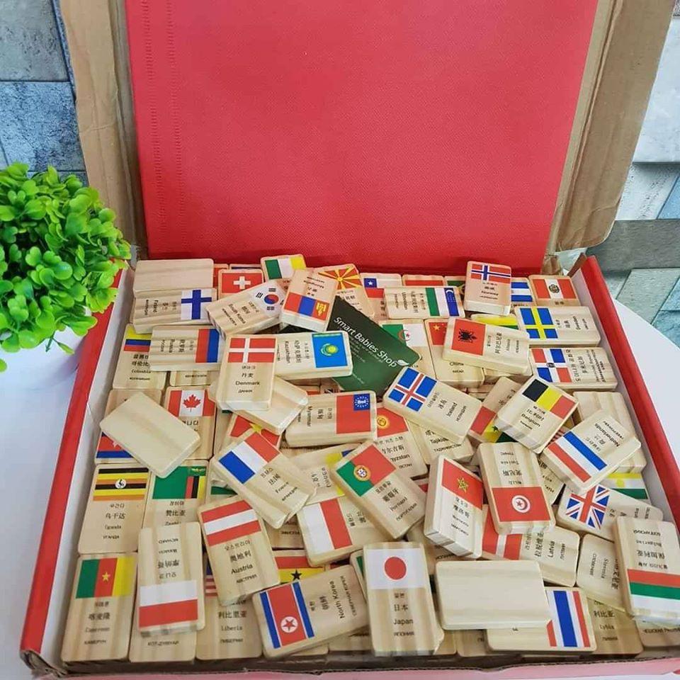 Bộ domino cờ 100 quốc gia bằng gỗ 4 thứ tiếng