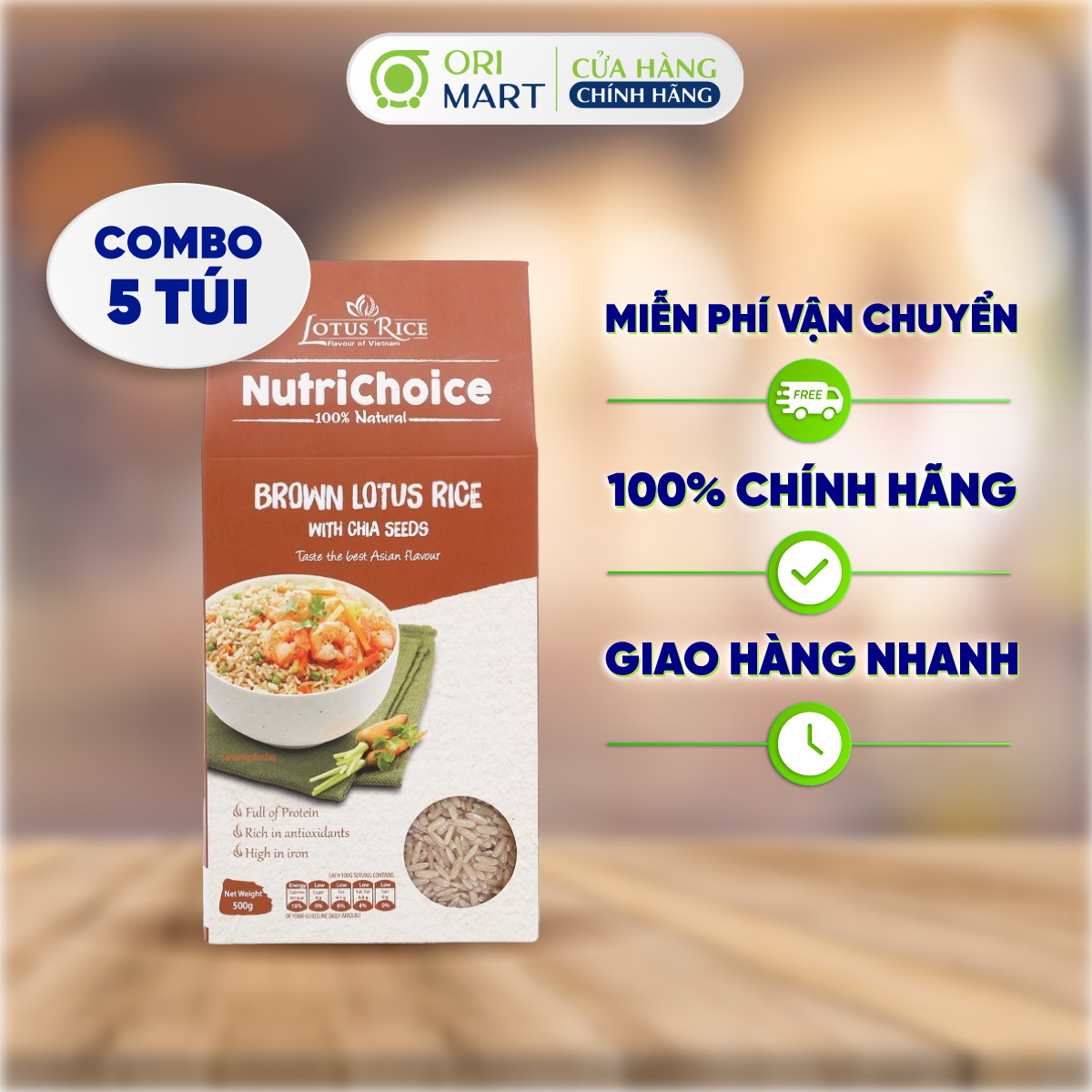 COMBO 5 Gạo Lứt Nâu & Hạt Chia Hữu Cơ NutriChoice Brown Lotus Rice Gói 500G Thơm Ngon Giàu Dinh Dưỡng Đạt Chuẩn An Toàn ORIMART