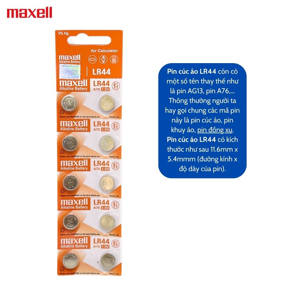 Vỉ 10 Viên pin LR44 MAXELL 1,5V