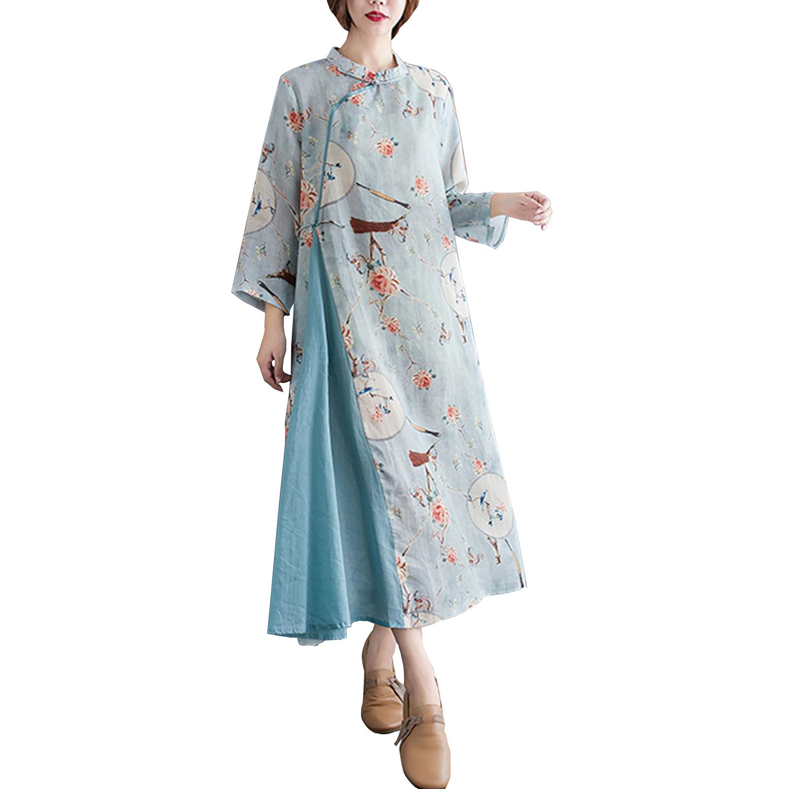 Vintage Women Linen Dress Elegant Floral Frog Button Cheongsam Pockets Loose Casual Shirt Dress