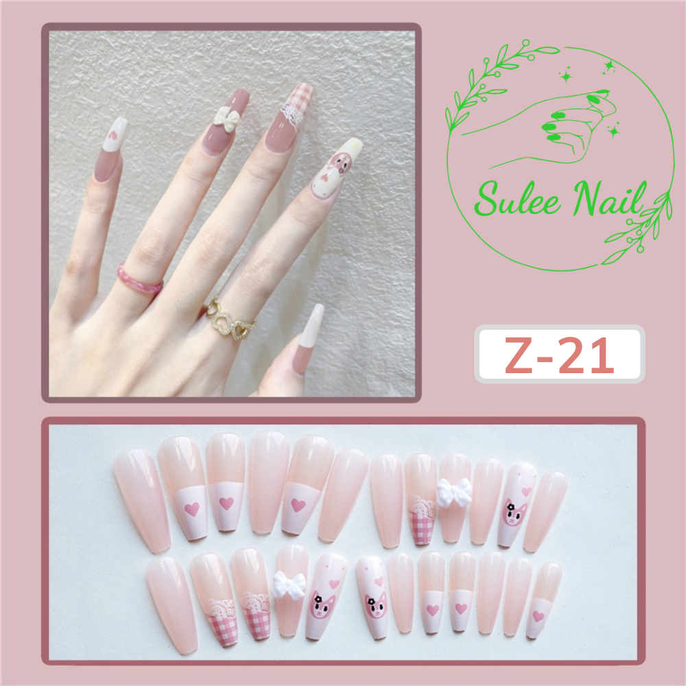 Bộ 24 móng giả, nailbox, mẫu phụ kiện màu hồng nhạt đẹp kèm dũa đính charm nơ xinh Sulee nail kiểu nhọn