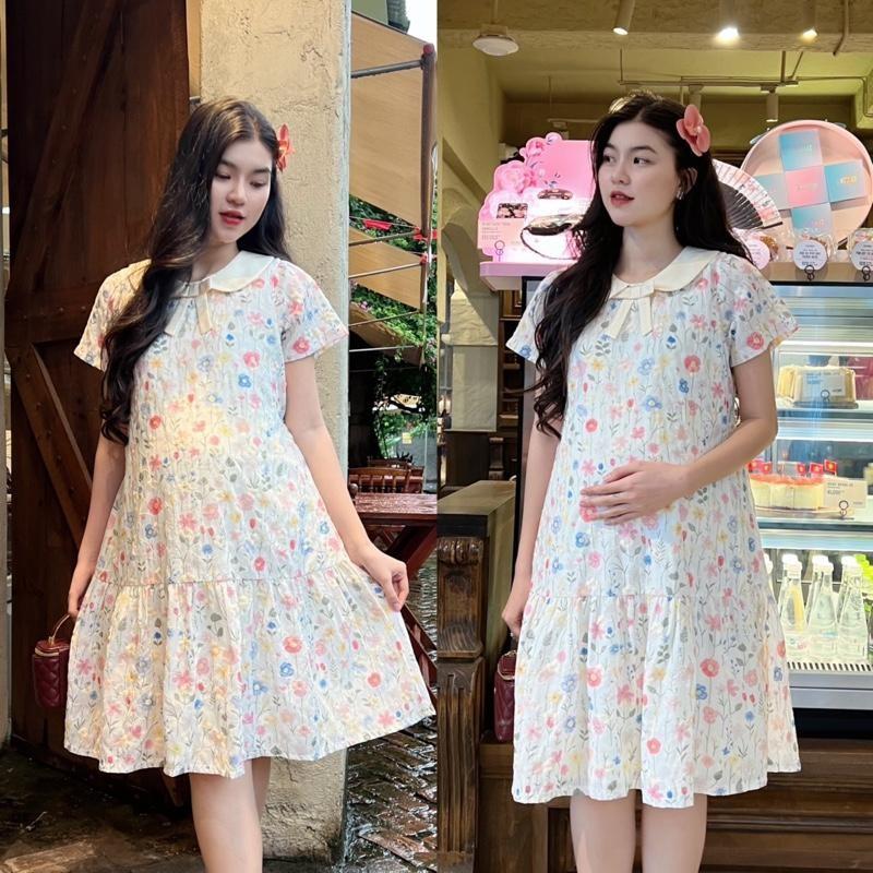 Đầm bầu thêu hoa cổ sen đính nơ form đuôi cá trẻ trung diện đi làm, đi tiệc, đi chơi đều xinh - Xanh