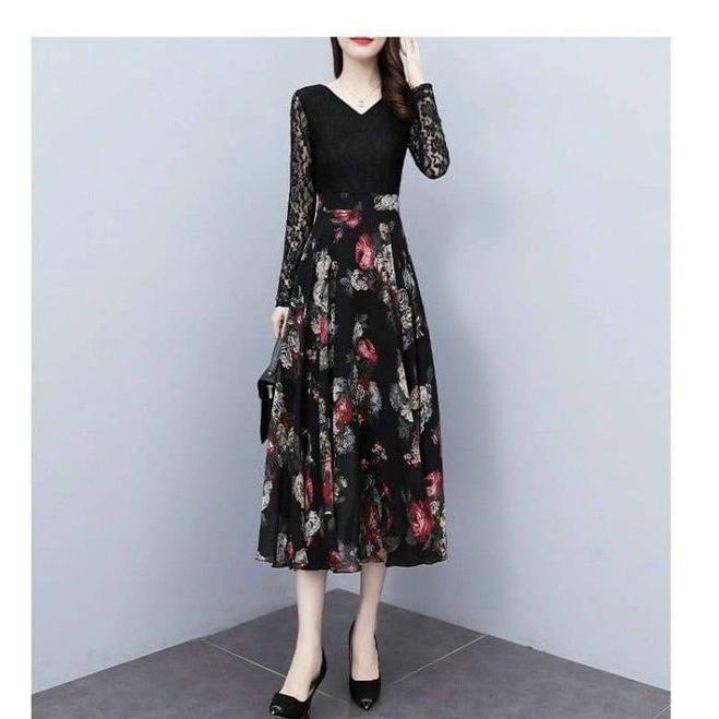 HÀNG NHẬP - ĐẦM REN TAY DÀI CHÂN VÁY VOAN HOA