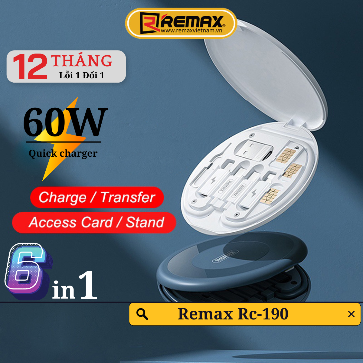 Cáp sạc đa năng 6 in 1 Sạc nhanh 60W Chính Hãng Remax RC-190 có tặng kèm hộp lưu trữ tiện dụng kiêm giá đỡ điện thoại  - Hàng Chính Hãng Remax