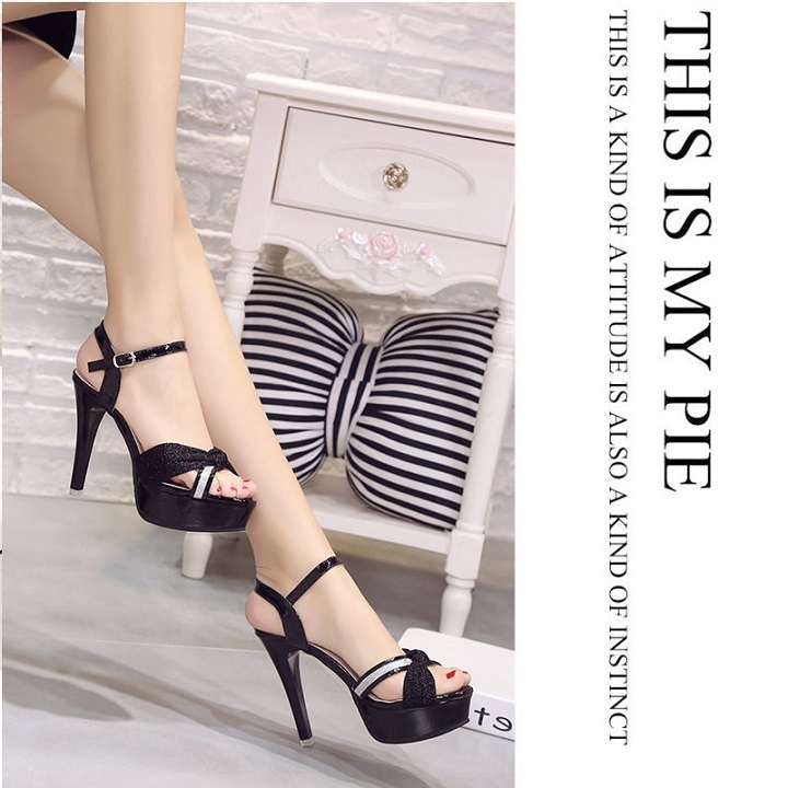 Giày sandal cao gót 10 phân quai chéo phối vải ánh nhũ kim tuyến sang trọng S141