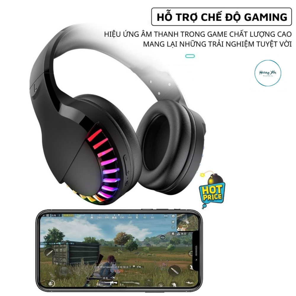 Tai nghe bluetooth headphone gaming  Super Bass đèn led đổi màu RGB dùng cho điện thoại máy tính pc laptop