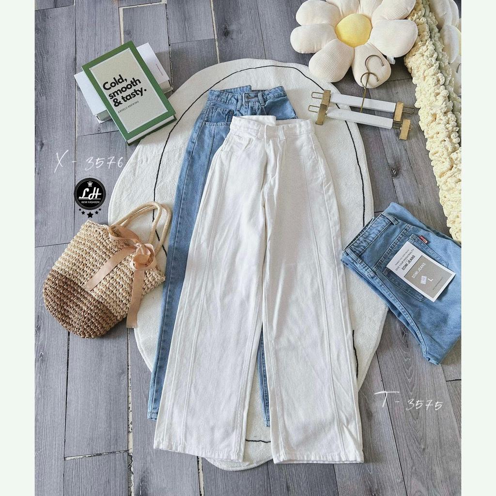 Quần jean trắng, quần bò ống suông nữ màu trắng trơn ulzzang trích ly lưng siêu cao siêu dễ thương Lê Huy Fashion 3575