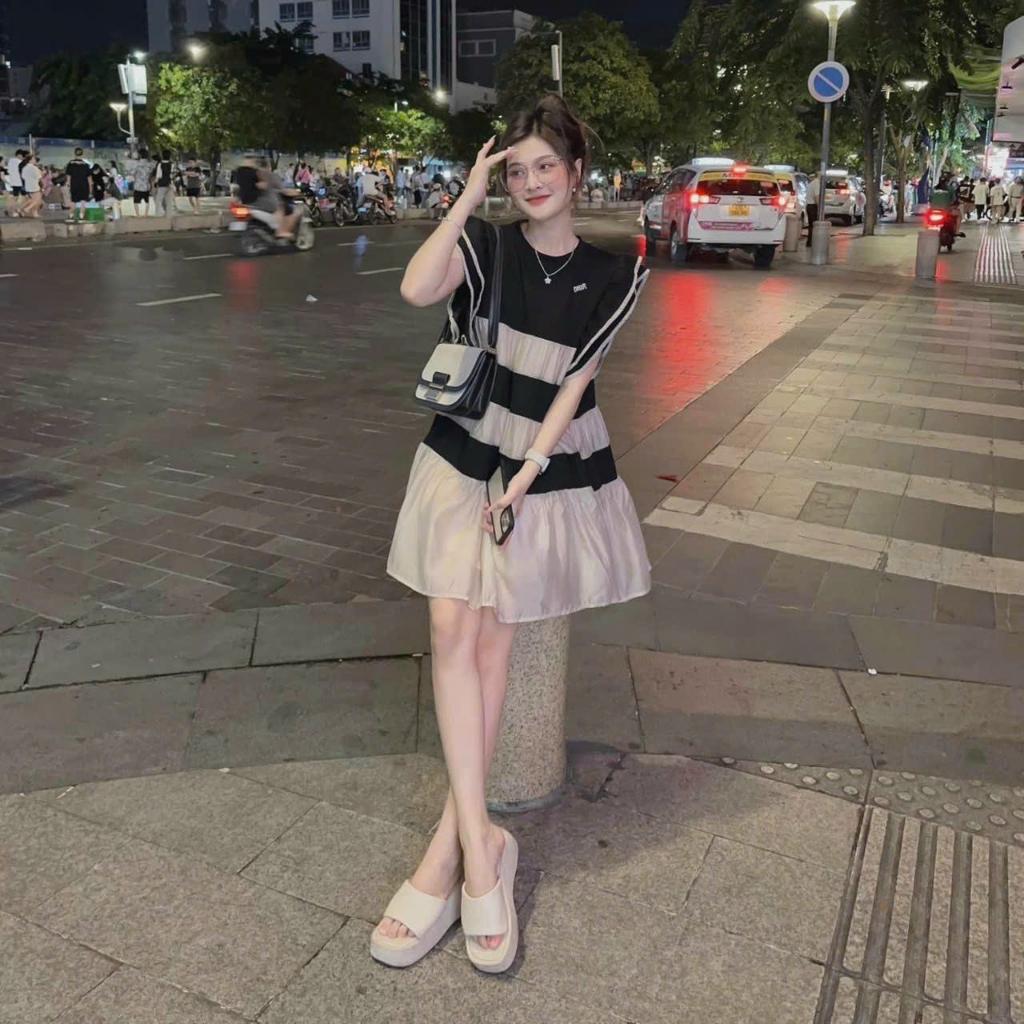 Đầm suông babydoll tay bèo lụa phối voan tơ